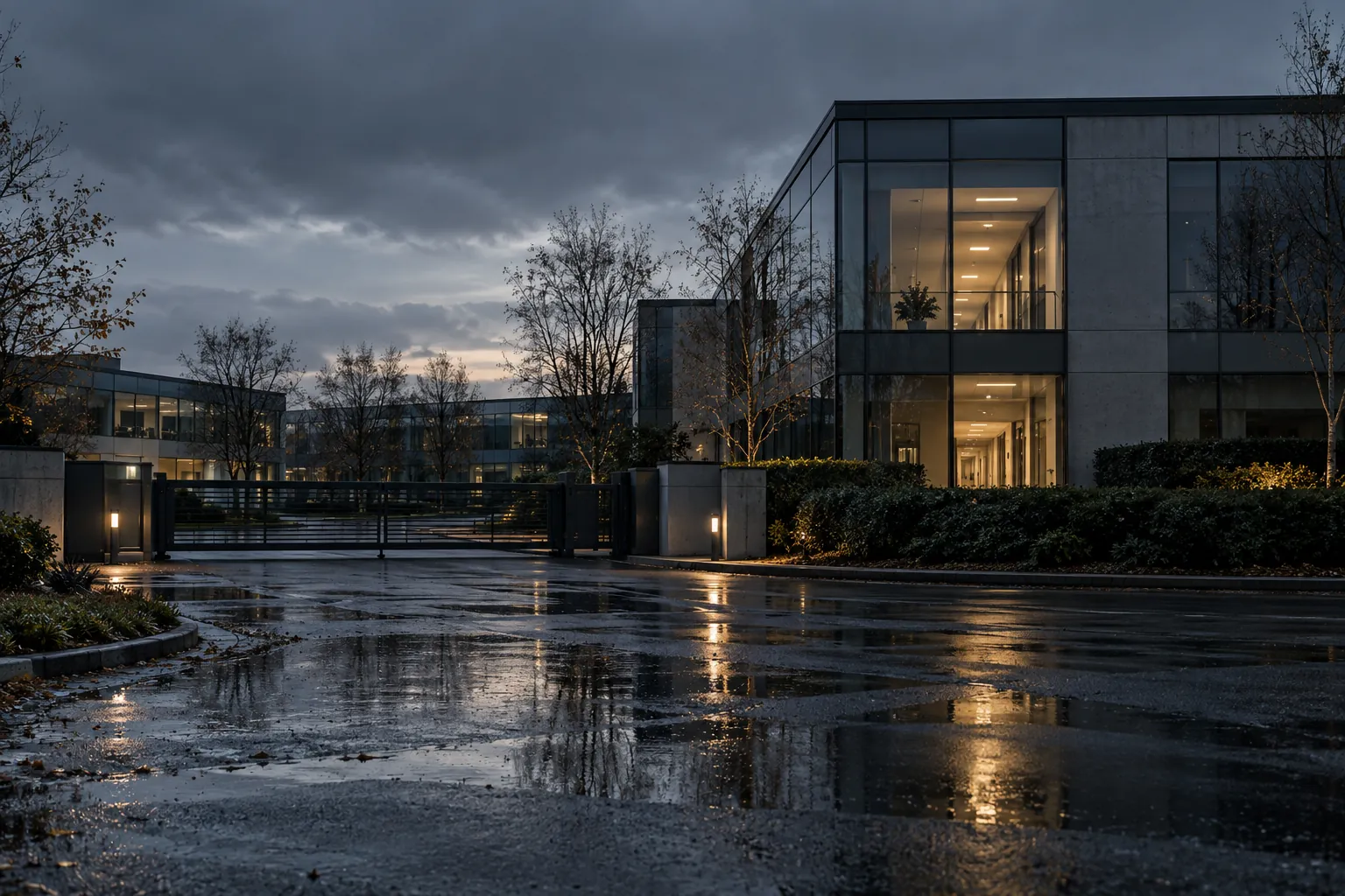 Anonymous business-park facility outside Reading after rain
