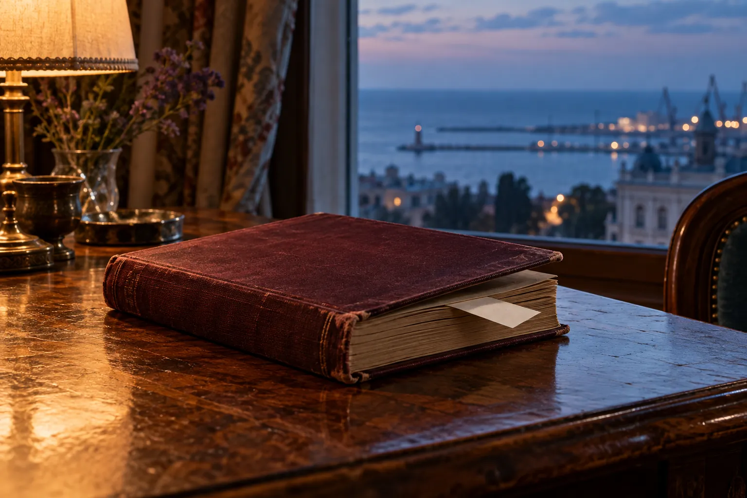 A worn book on a table beside the Black Sea