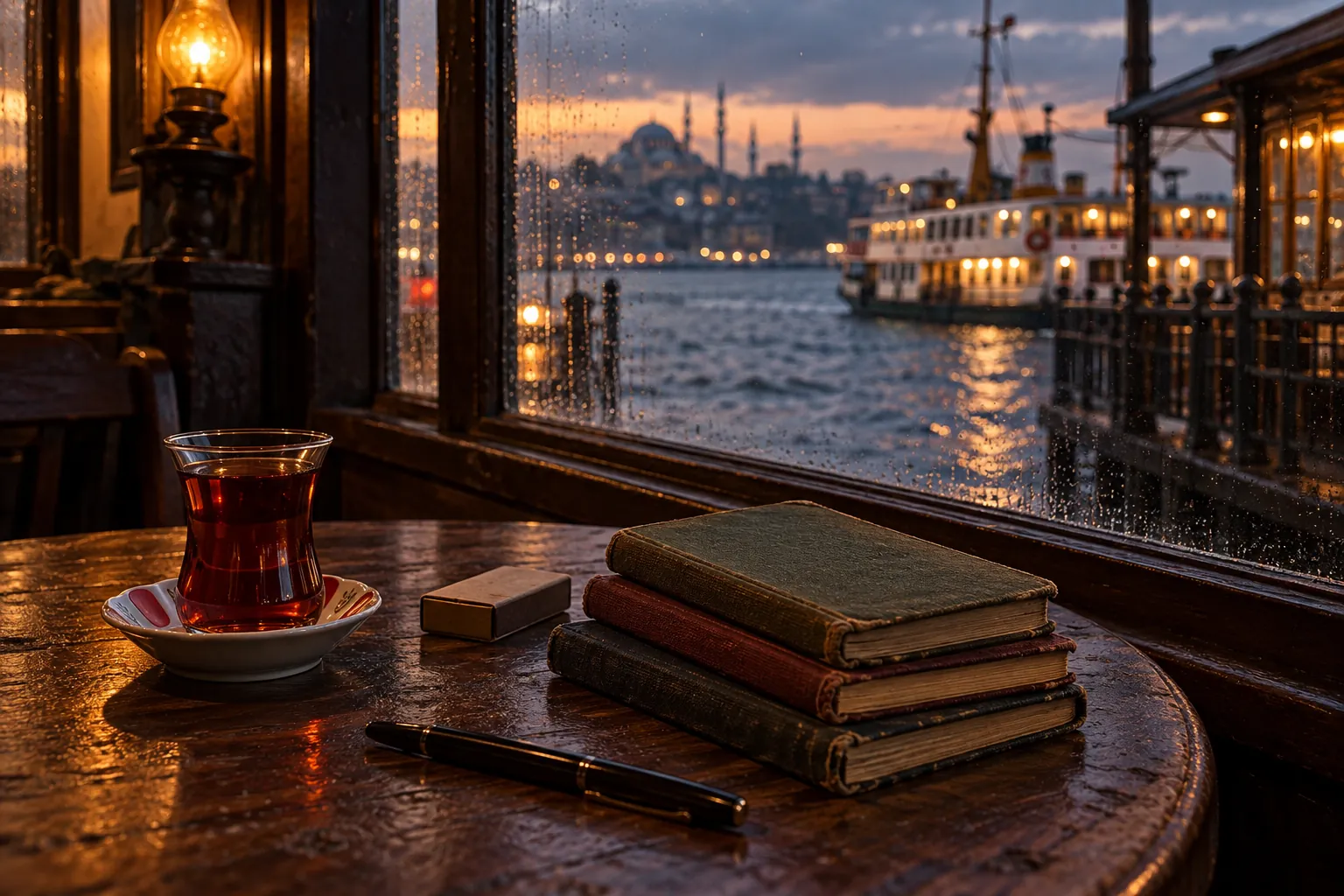 Tea and notebooks on a table in the rain in Karaköy