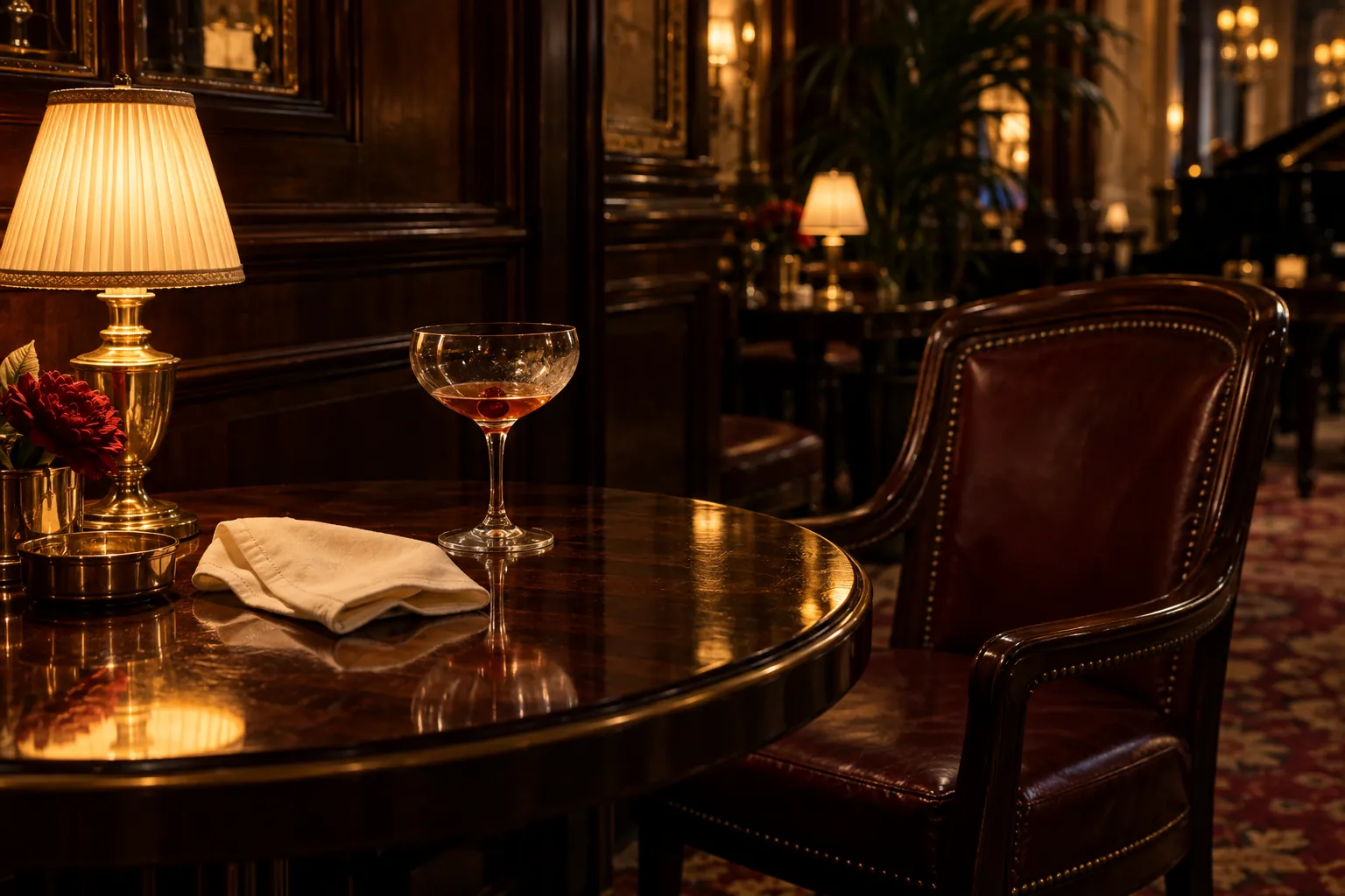 An empty European hotel-bar table after a private meeting