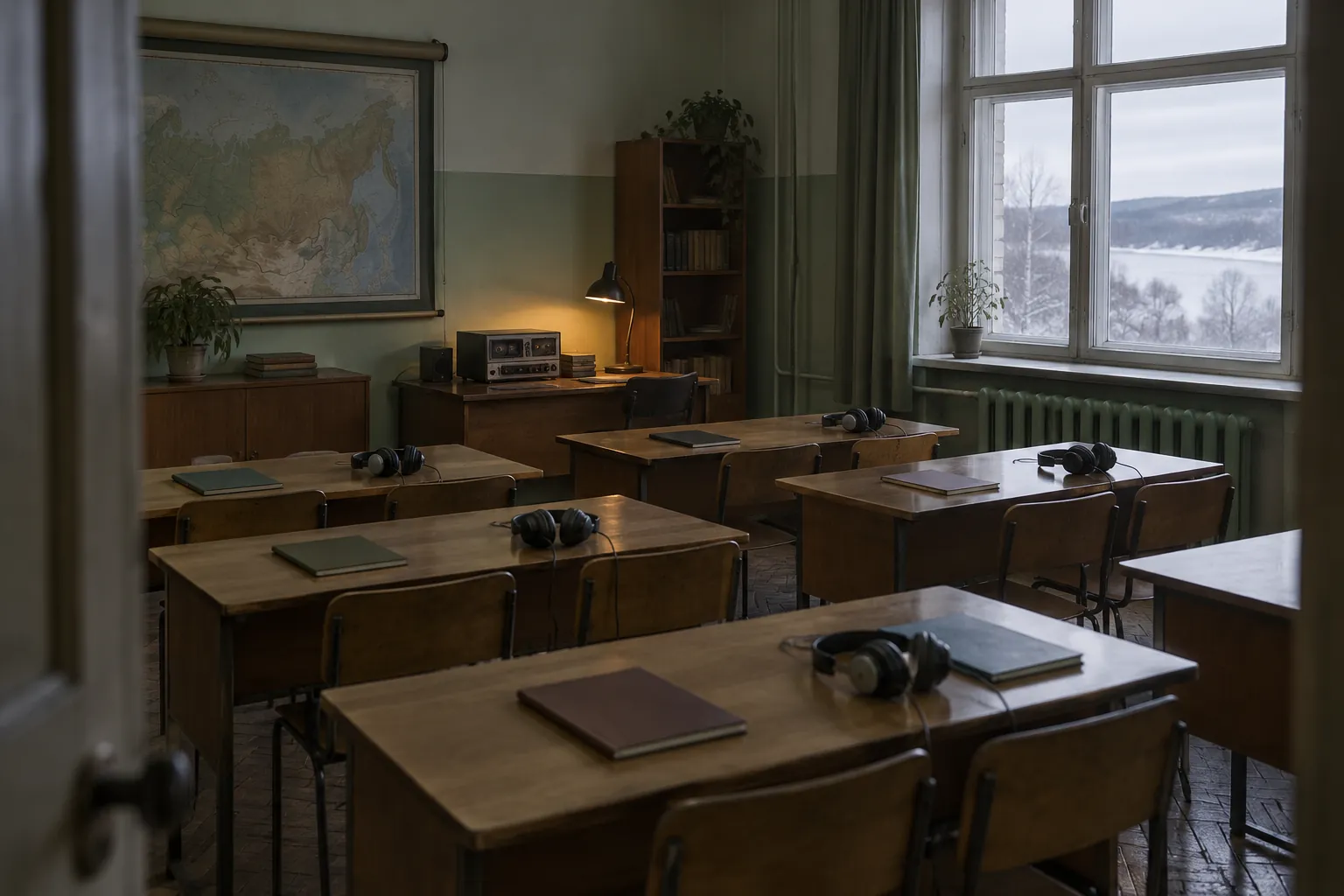 Empty language-training classroom in a former sanatorium outside Kazan