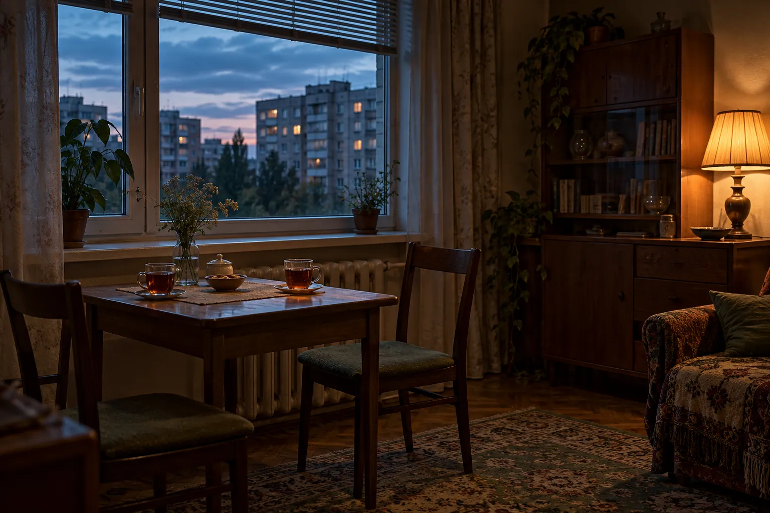 Two cups of tea on a table by a rain-streaked window