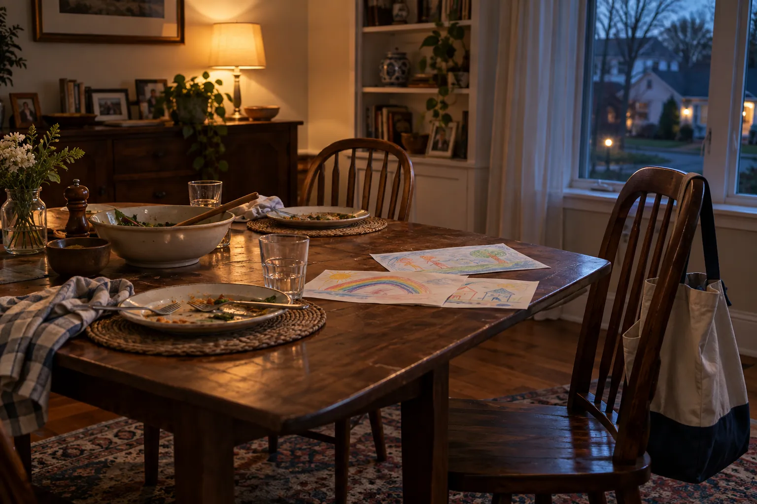 A finished dinner and an empty chair at the table