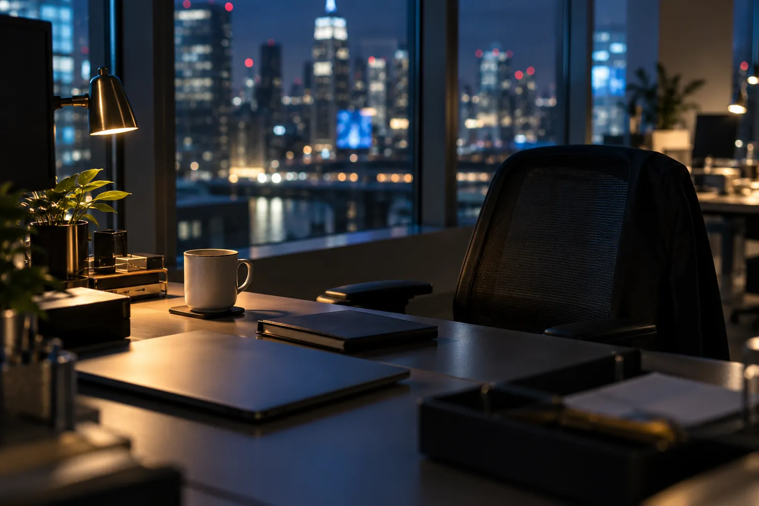 An empty office with an untouched cup of tea