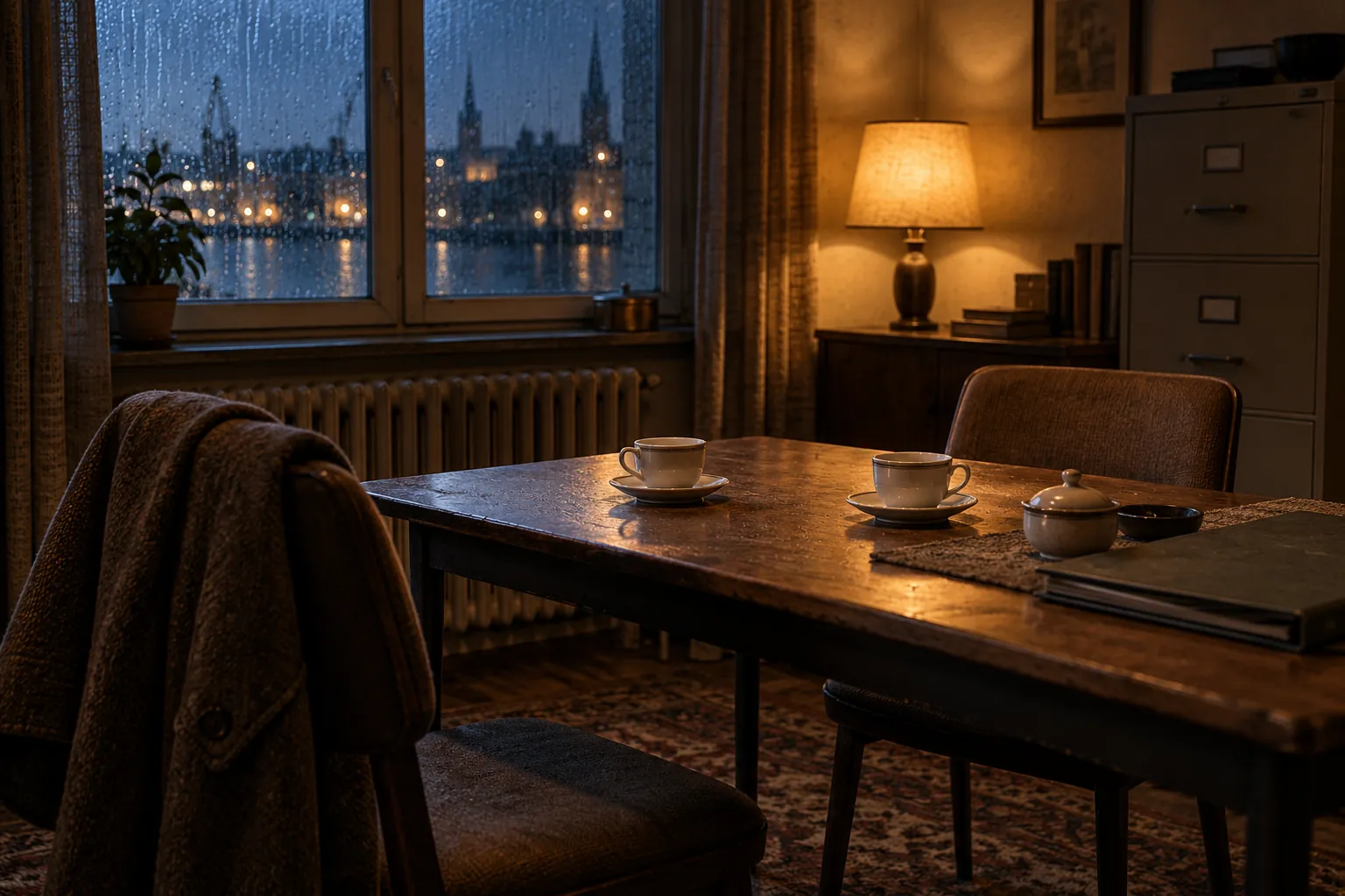 Two cups left on a table in the rain