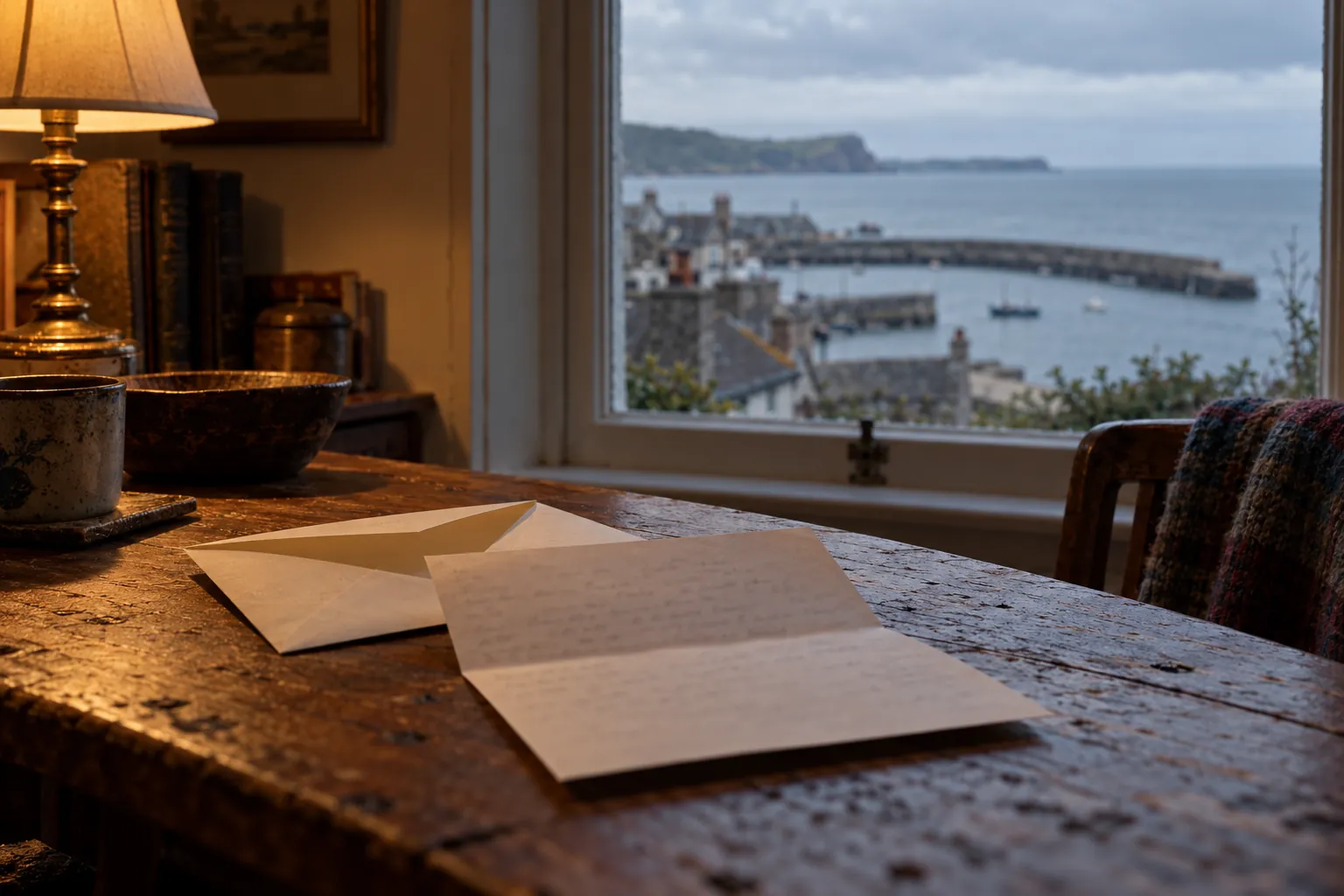 A late letter on a table beside the sea