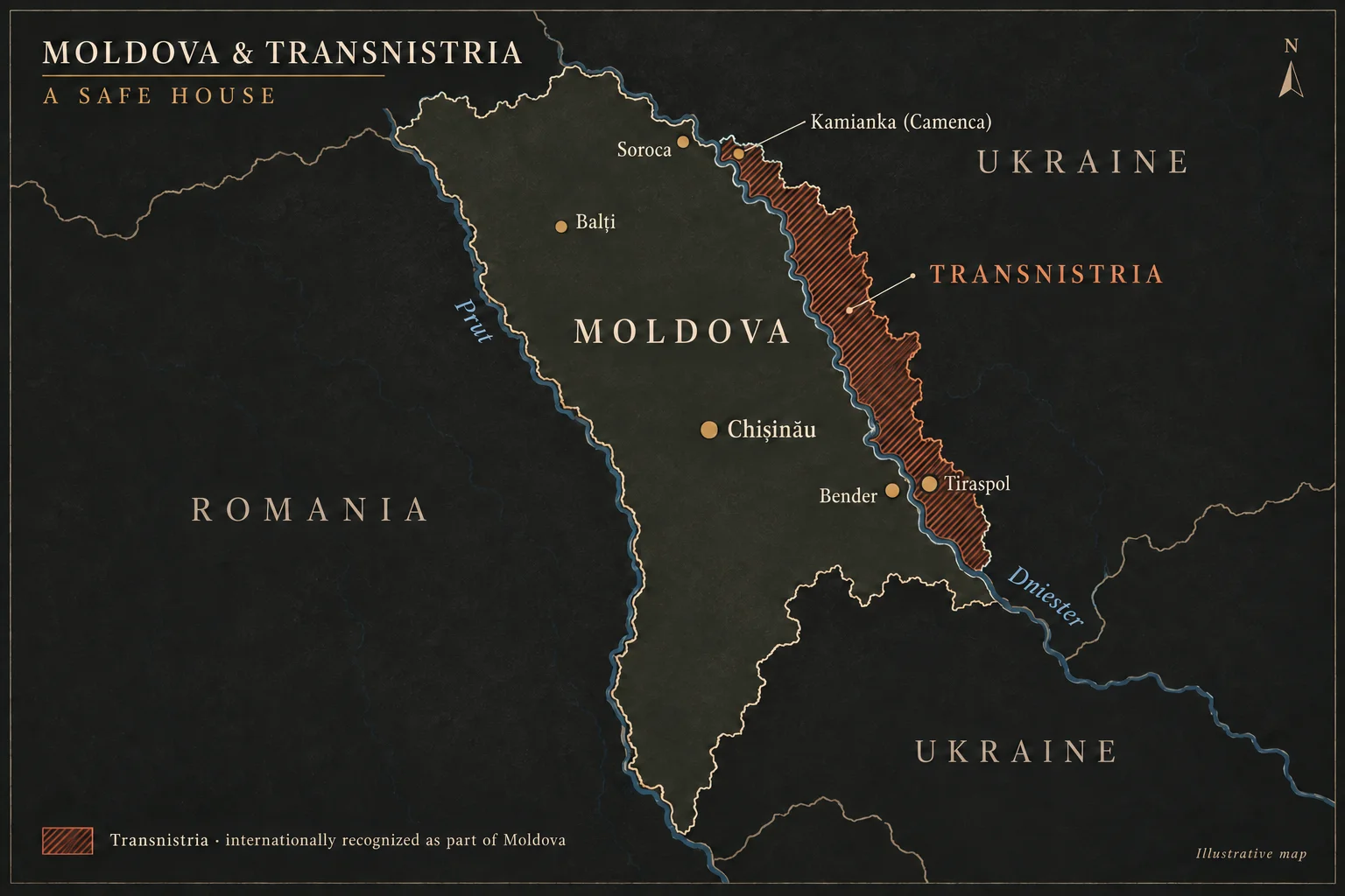 Map of Moldova and Transnistria showing key locations from A Safe House